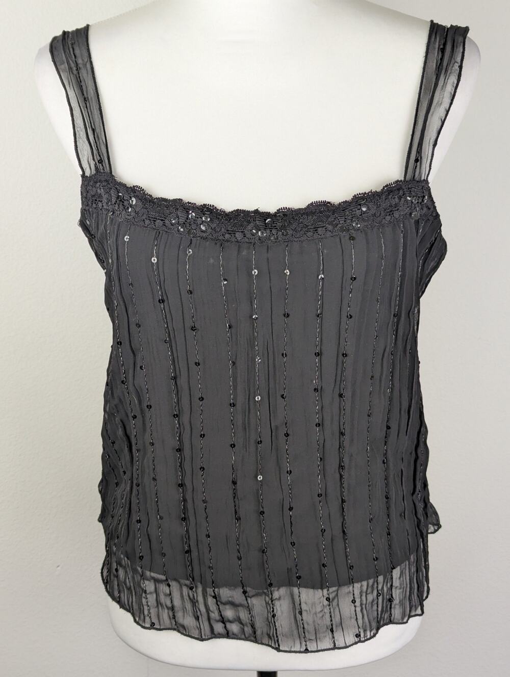 Vintage Via Black Crêpe Chiffon Camisole Sequins, Lace Embroi Size XL (Bust 36)